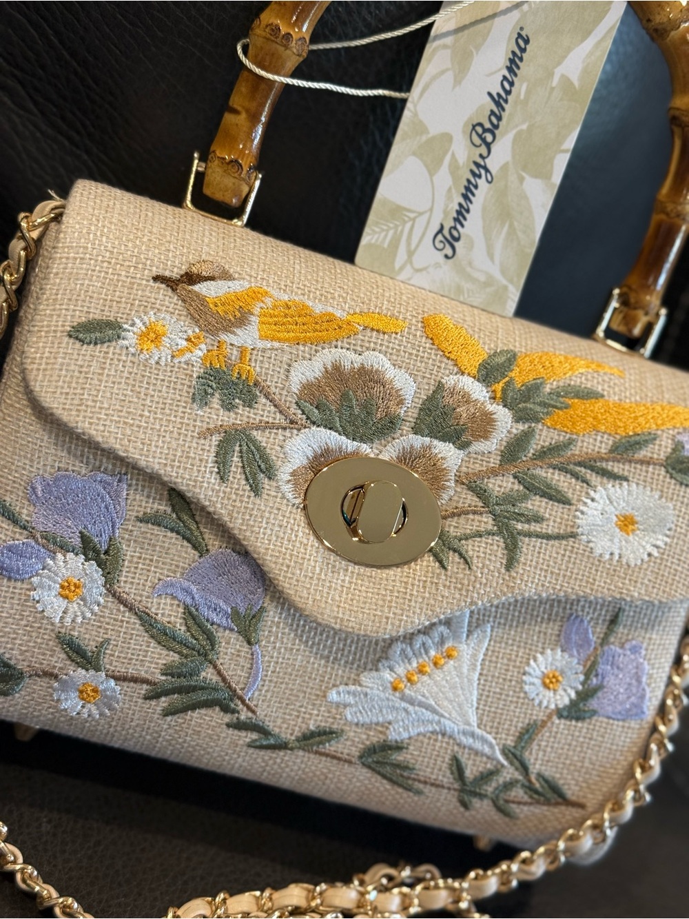 Tommy Bahama Beige Embroidered Floral Top-Handle Satchel with Bamboo Handle NWT - Picture 13 of 13